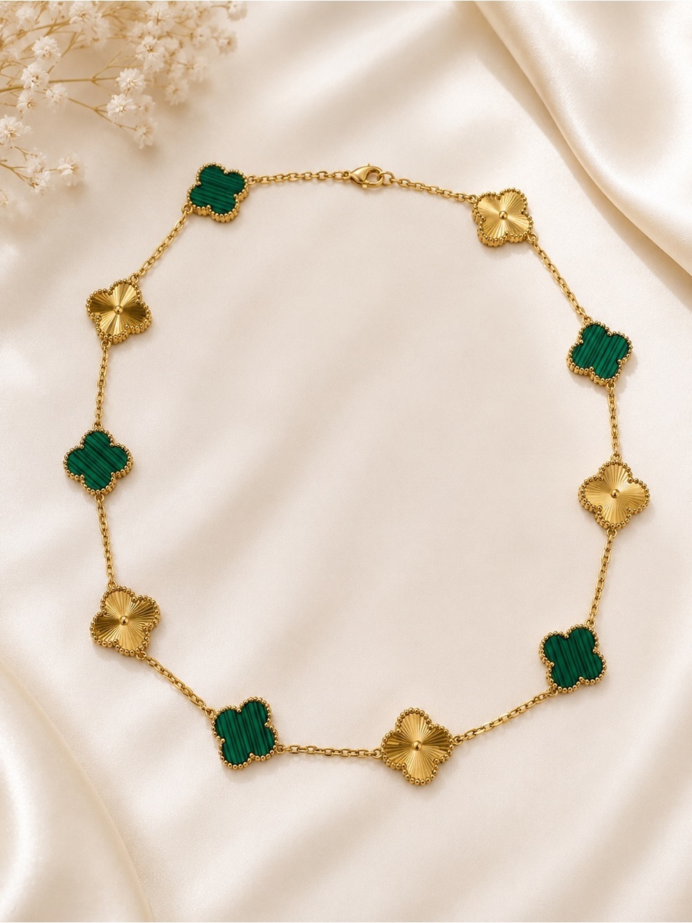 Alternating Green Clover & Gold Motif 10-Station Necklace | Gold-Tone